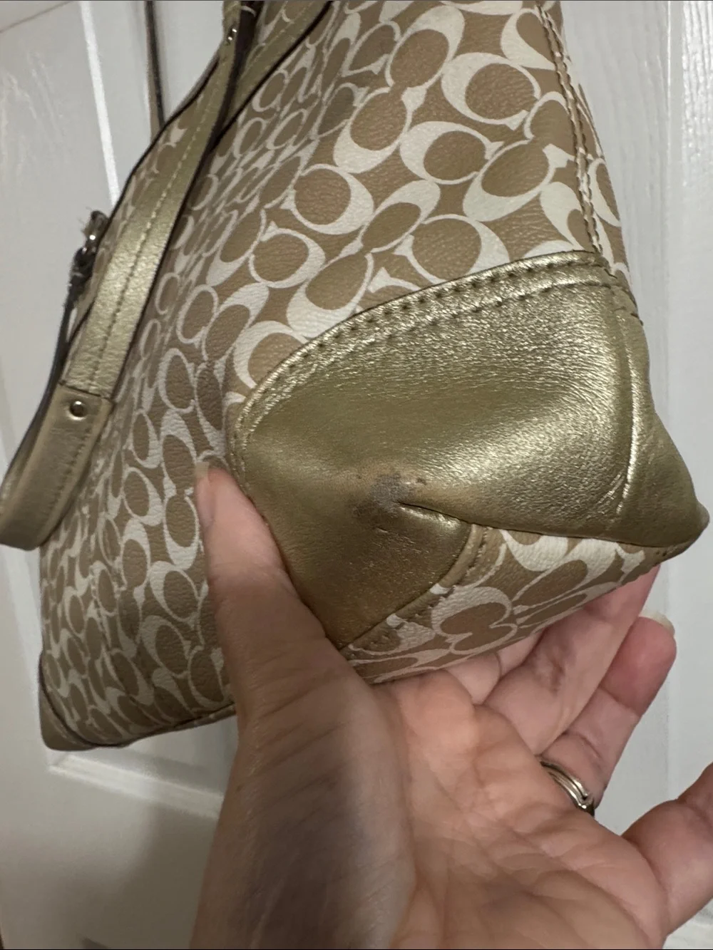 Coach Beige Signature Canvas Tote with Gold Trim and White Wallet